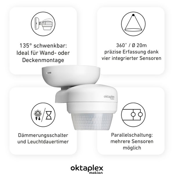 Oktaplex Mia Bewegungsmelder Aussen 360 Grad weiß IP65 10m Reichweite für Wand / Deckenmonatge