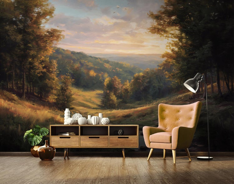 Wohnzimmer mit Landschaftstapete, Sessel, Stehlampe und Kommode