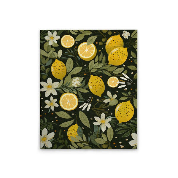 Leinwanddruck mit Zitronen, Blättern und Blütenmuster