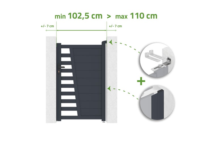 Gartentor mit verstellbarer Breite von 102,5 Zentimeter bis 110 Zentimeter, inklusive Montagematerial und Detailansichten.