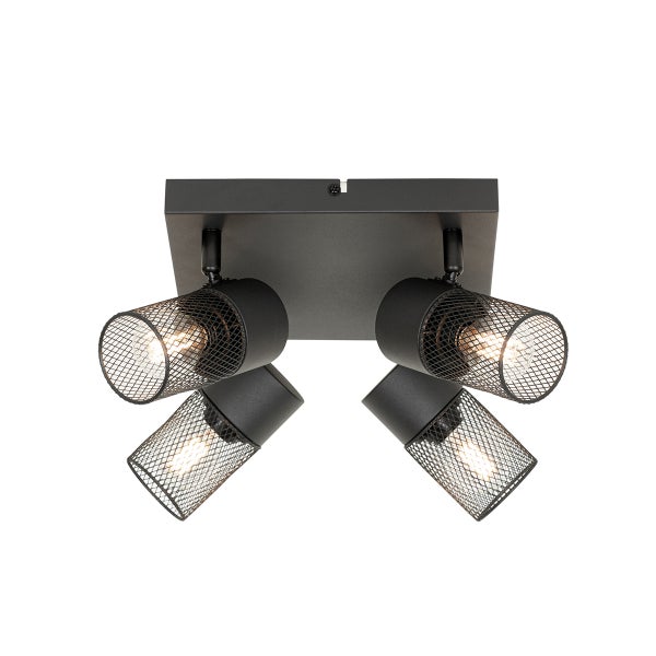 Schwarze Deckenleuchte mit vier Strahlern und Drahtschirmen