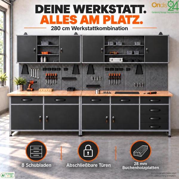 280 Zentimeter breite Werkstattkombination mit Hängeschränken, Lochwänden, Schubladen, abschließbaren Türen und Buchenholz-Arbeitsplatte.