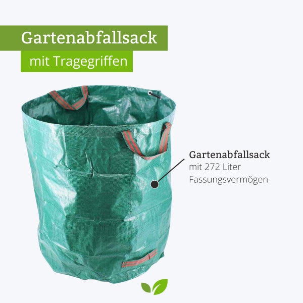 Gartenabfallsack mit Tragegriffen und 272 Liter Fassungsvermögen für Gartenabfälle.