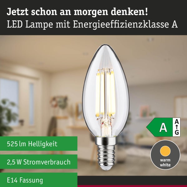 LED-Filament-Kerzenlampe E14 mit 2,5 Watt, 525 Lumen, warmweißem Licht und Energieeffizienzklasse A.