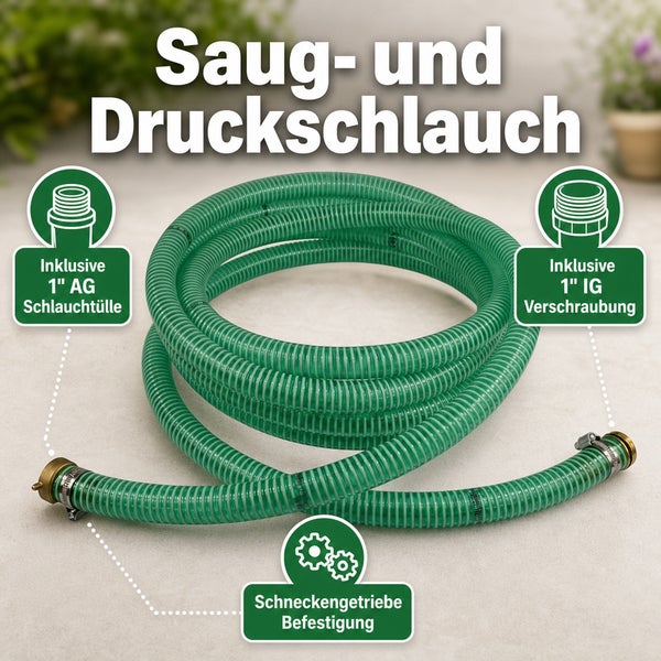 Saug und Druckschlauch mit 1 Zoll Außengewinde Schlauchtülle, 1 Zoll Innengewinde Verschraubung und Schneckengetriebe Befestigung.