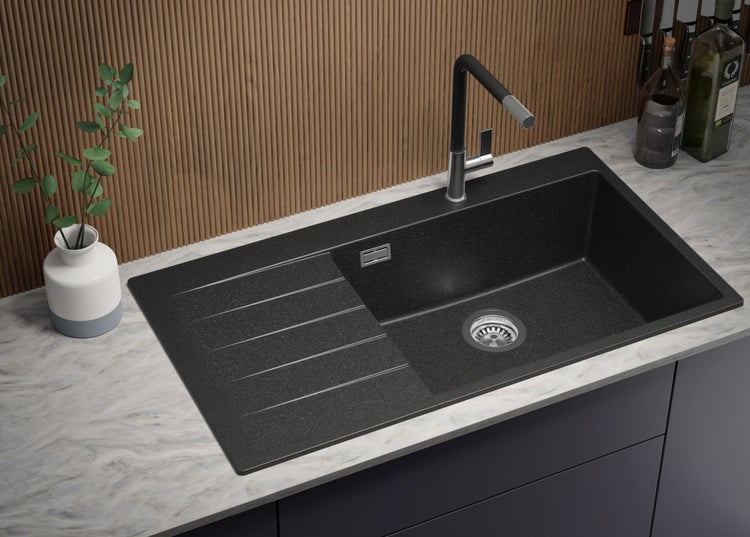 PRIMAGRAN Granitspüle Anthrazit 78x53cm, Spülbecken 1 Becken + Küchenarmatur 32x20cm + Ablauf-Set + Küchenzubehörset, Küchenspüle ab 80er Unterschrank - Oslo Pocket