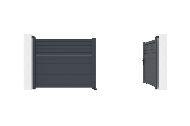 Ansicht eines Gartentors aus Aluminium zwischen zwei Pfeilern
