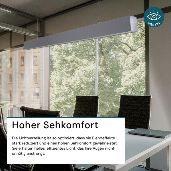 Büroraum mit abgehängter LED-Deckenleuchte und UGR kleiner als 23 Symbol für geringe Blendung