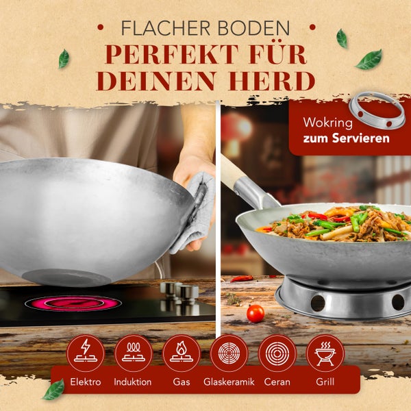 KRUSTENZAUBER 30cm Wokpfanne Induktion flacher Boden - Traditionelle Stahlwokpfanne mit Wokwender u. Wokring - Wok Pfanne, Wok Induktion, Woklette, Wok Zubehör, Carbon Steel Wok Karbonstahl