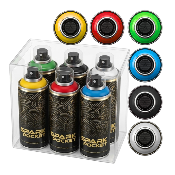 Set mit sechs Spark Pocket Farbspraydosen in verschiedenen Farben in einer transparenten Aufbewahrungsbox inklusive Sprühköpfen.