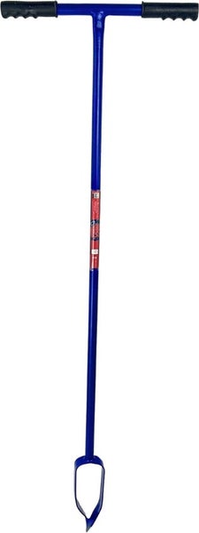 Blauer Hand-Erdbohrer aus Metall mit T-Griff und schwarzen Kunststoffgriffen.