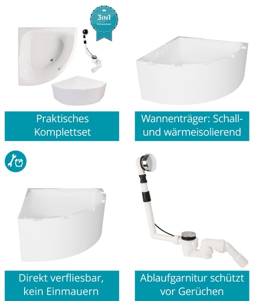 Calmwaters® Eckbadewanne Komplettset 120x120 cm mit Wannenträger & Ablaufgarnitur, Acrylwanne Modern Small 2, Duo-Badewanne für 2, Set Badewanne komplett, Eckwanne 120 x 120 cm, Weiß, 99000046