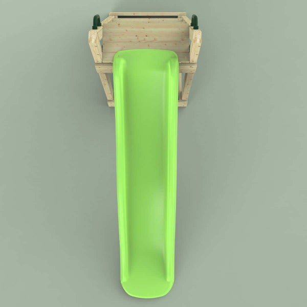 Wellenrutsche aus Kunststoff mit Podest aus Holz für Spieltürme, Draufsicht.