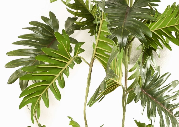 Künstlicher Philodendronzweig mit großen, tief gelappten grünen Blättern.