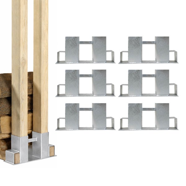 Set aus sechs verzinkten Kaminholzregal Verbindern für Kanthölzer zur stabilen Lagerung von Brennholz.
