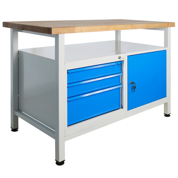 PROREGAL Werkbank Rhino mit Ablagefläche 3 Schubladen 1 Tür HxBxT 84 x 120 x 60 cm Traglast 300 kg Lichtgrau Blau