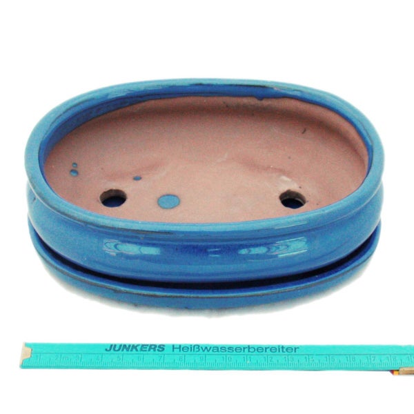 Blaue Bonsaischale mit Untersetzer und Drainagelöchern