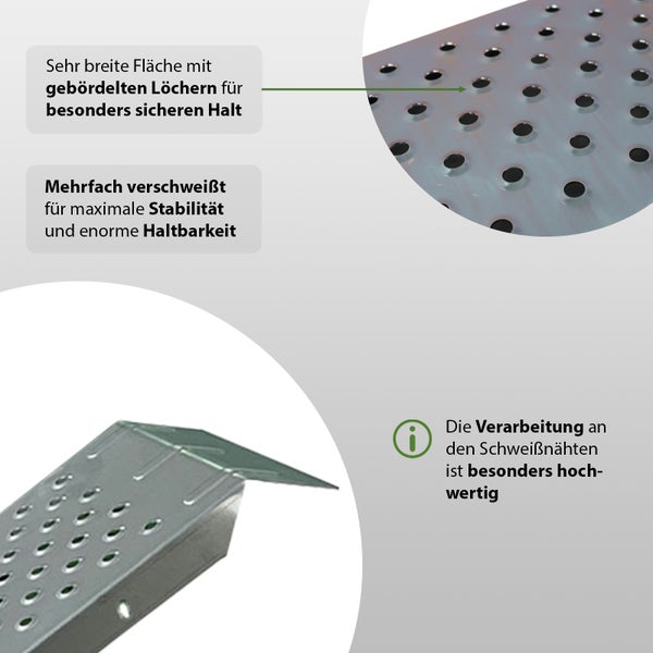 Detailansicht einer Metallrampe mit Löchern für sicheren Halt und mehrfacher Verschweißung für Stabilität