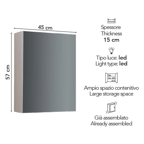 Spiegelschrank mit LED-Beleuchtung, 45 mal 57 mal 15 Zentimeter, viel Stauraum, bereits montiert.