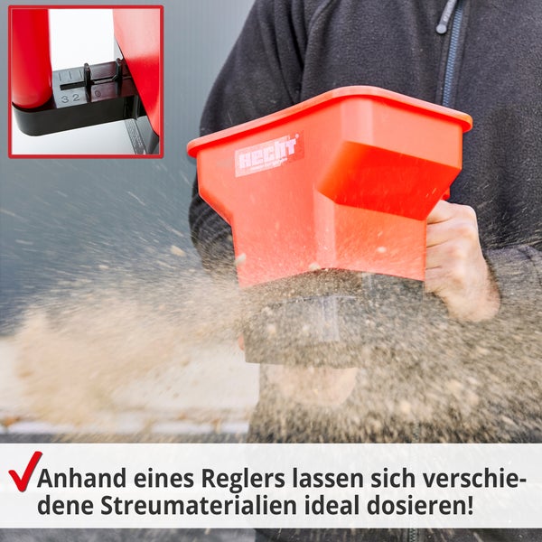 Hecht Logo. Handstreuer für Streumaterial mit Dosiereinstellung in Verwendung.