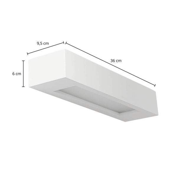 Rechteckige weiße Wandleuchte mit den Maßen 36 Zentimeter Länge, 9,5 Zentimeter Breite und 6 Zentimeter Höhe.