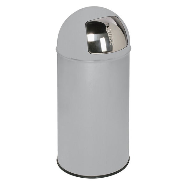 Runder Push-Abfalleimer aus Metall mit gewölbtem Deckel und Push-Klappe.