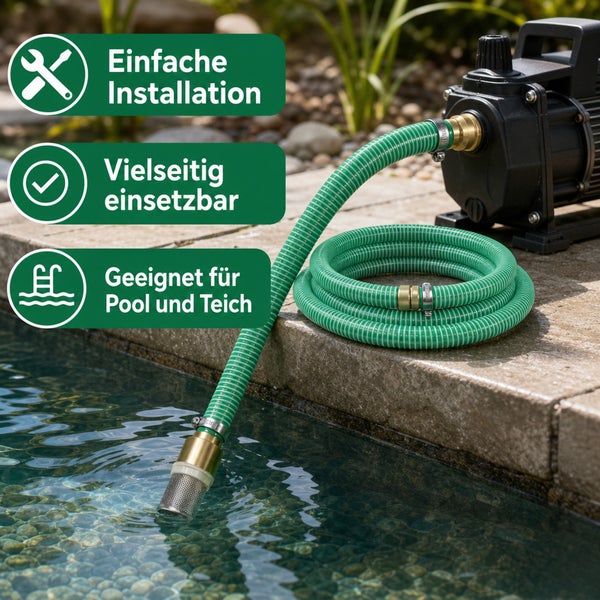Gartenpumpe mit Saugschlauch am Poolrand. Grafiken zeigen: einfache Installation, vielseitig einsetzbar, geeignet für Pool und Teich.