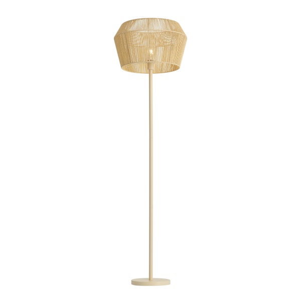 Stehlampe mit einem runden Lampenschirm aus beigen Schnüren und einem schlanken Metallständer.