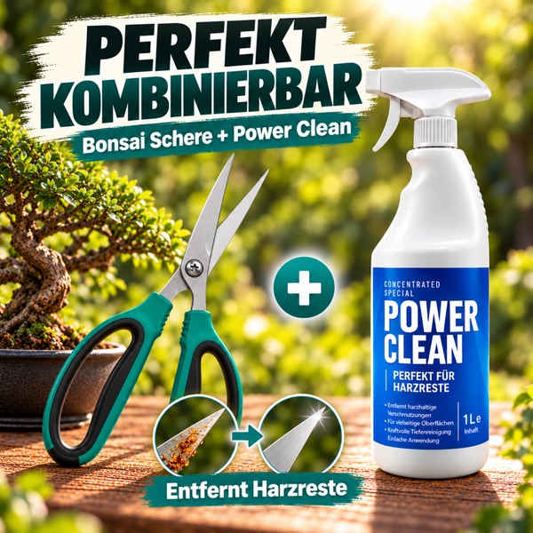 Set bestehend aus einer Bonsaischere und einem Power Clean Reinigungsmittel zur effektiven Entfernung von Harzresten an Gartenschneidwerkzeugen.