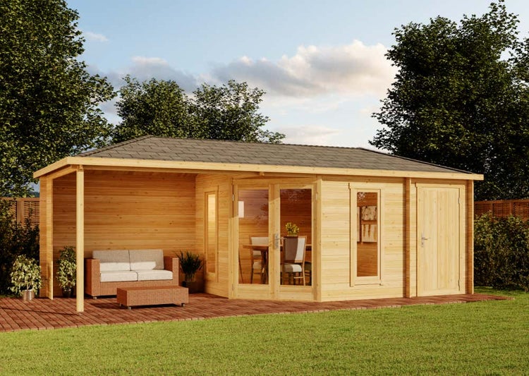 Alpholz 5-Eck Gartenhaus Liwa mit Anbau Gartenhaus aus Holz in natur, Holzhaus mit 40 mm Wandstärke inklusive Terrasse, Blockbohlenhaus mit Montagematerial imprägniert 7,1x3m