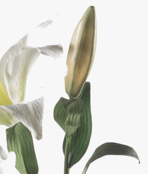 Künstliche Lilie mit weißer Blüte, Knospe und grünen Blättern.
