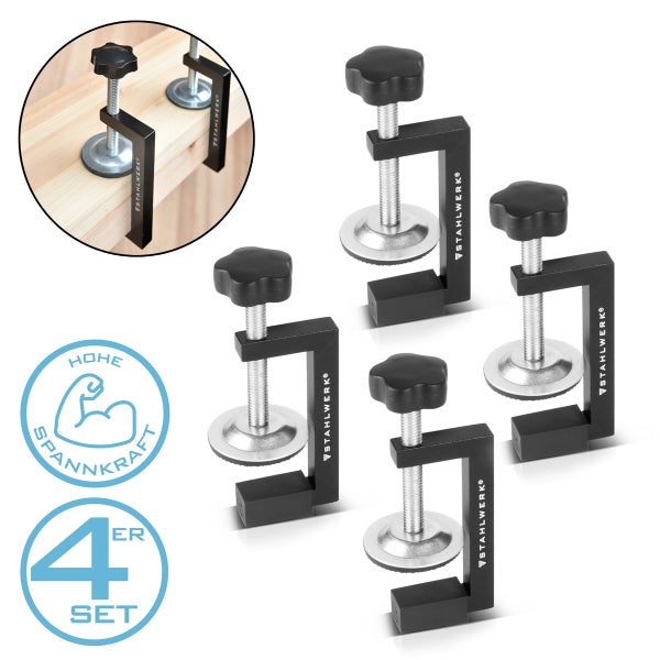 STAHLWERK C-Klemmen Set von 4 aus robustem Metall mit hoher Spannkraft für Holzarbeiten.