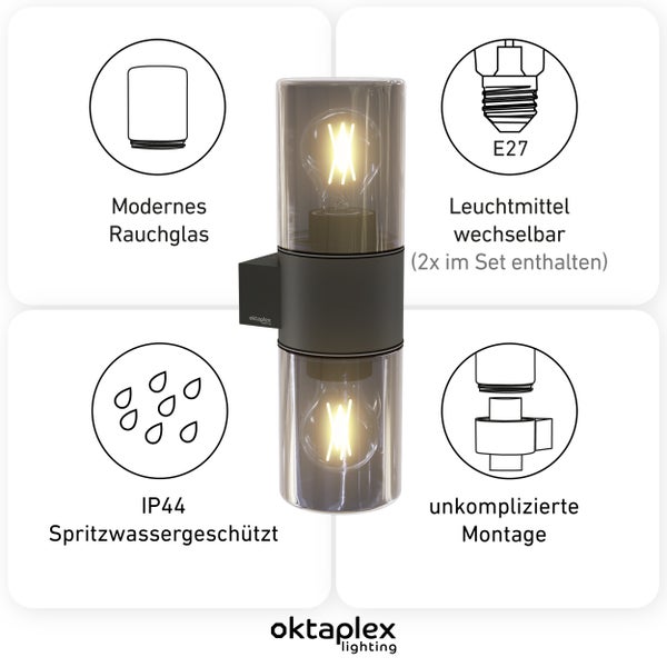 Puno Dos Aluminium Außenlampe E27 2700K warmweiß 806lm IP44 Wandleuchte anthrazit Wandlampe für Balkon Terrasse Flur Hauswand zur Außenbeleuchtung