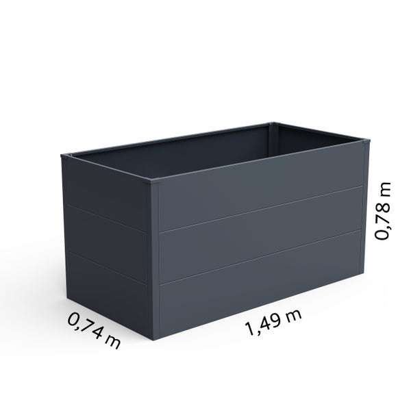 Anthrazitfarbenes Hochbeet aus Metall mit den Maßen 1,49 Meter x 0,74 Meter x 0,78 Meter.