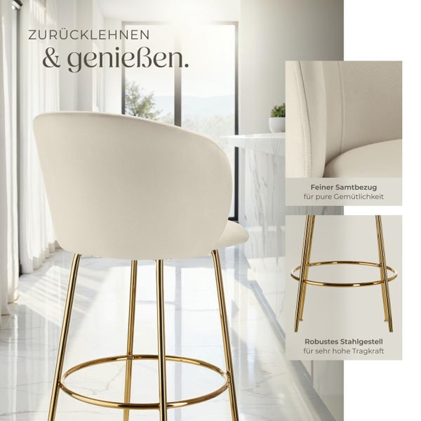 Barstuhl tectake Luana 51 x 60 x 106 cm, Belastbarkeit 120 kg in Samtoptik, gepolstert creme/gold