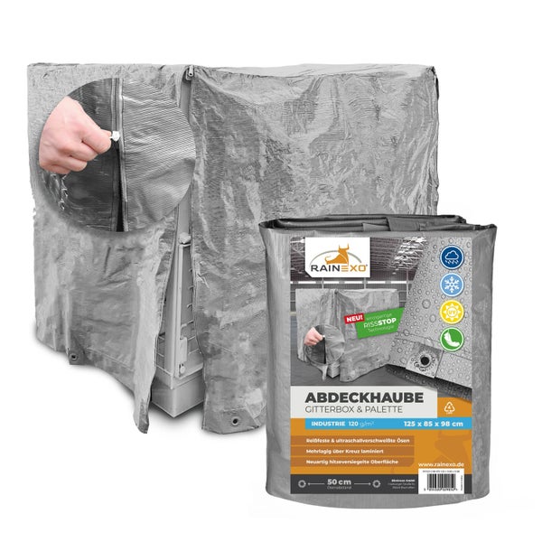 Silberne Rainexo Abdeckhaube für Gitterbox und Palette, 125 mal 85 mal 98 Zentimeter, mit Reißverschluss und Metallösen. Rainexo Logo auf Verpackung.