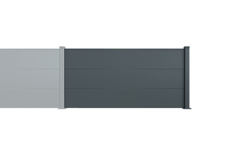 Moderne Sichtschutzwand aus Metall mit horizontalen Lamellen und Pfosten