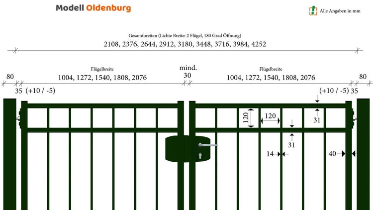 Technische Zeichnung eines Oldenburg-Tor Modells mit Breitenangaben
