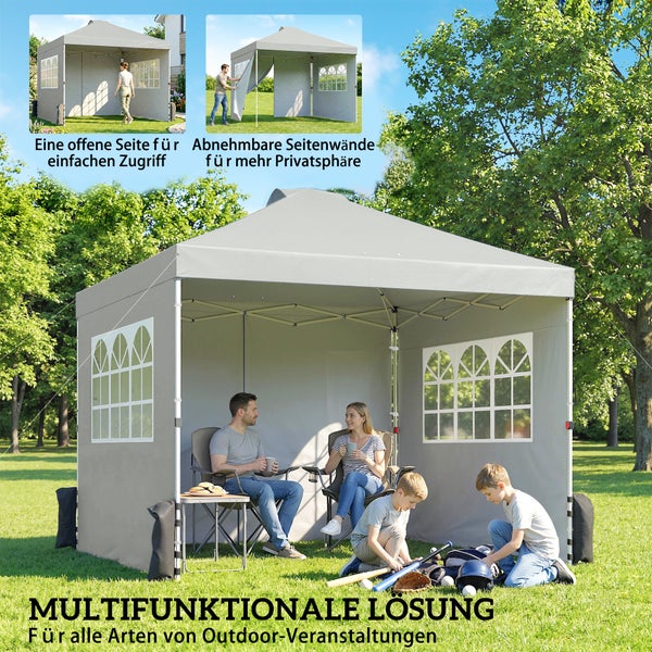 Gartenpavillon mit abnehmbaren Seitenwänden und Fenstern, auf einer Rasenfläche aufgebaut, bietet Platz für Aktivitäten im Freien.