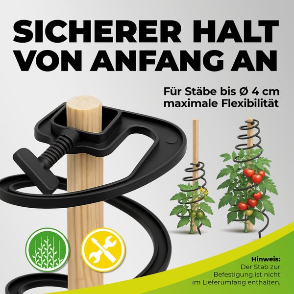 Spiralförmige Rankhilfe mit Klemme für Stäbe bis 4 Zentimeter Durchmesser. Für Kletterpflanzen wie Tomaten geeignet. Einfache Montage.