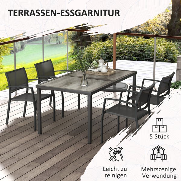 Outsunny 5 tlg. Sitzgruppe Gartenmöbel-Set, Gartengarnitur mit 1 Esstisch, 4 stapelbaren Stühlen, Sitzgarnitur, für Terrasse, Mesh, Dunkelgrau