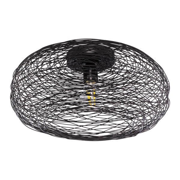 Deckenleuchte mit schwarzem Drahtgeflecht-Schirm und E27 Fassung.