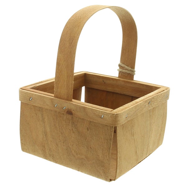 Kleiner quadratischer Spankorb aus Holz mit hohem Tragehenkel und Metallklammern.