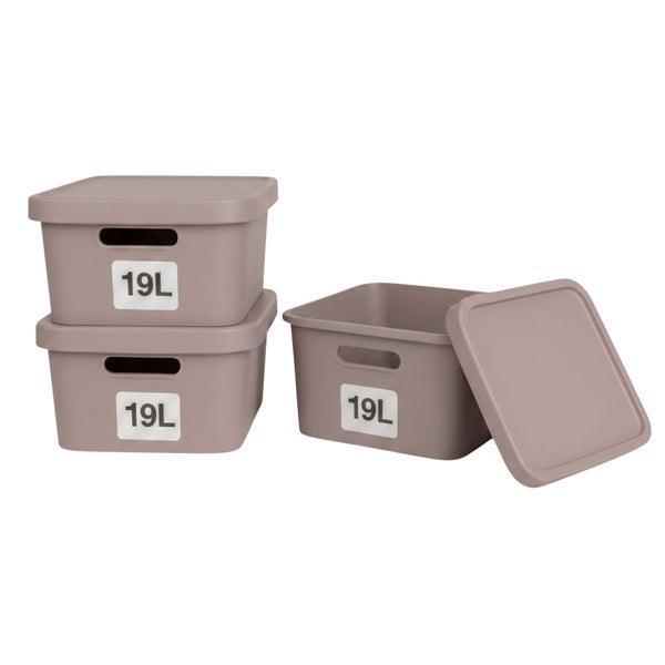 Set aus drei Kunststoff Aufbewahrungsboxen mit Deckel und 19 Liter Fassungsvermögen
