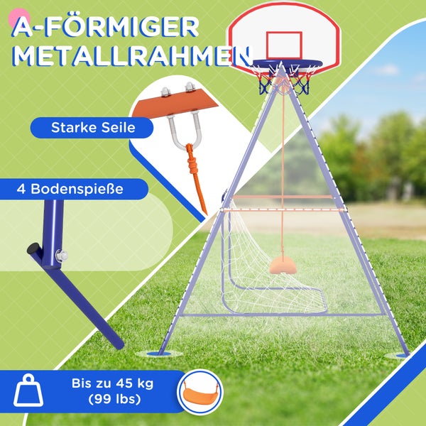 Outsunny 3 in 1 Schaukelset, Schaukelgerüst aus Stahl Kinderschaukel mit Fußballtor, Basketballkorb, Gartenschaukel Schaukelgestell Outdoor für Kinder 3-8 Jahre, Stahl, Dunkelblau