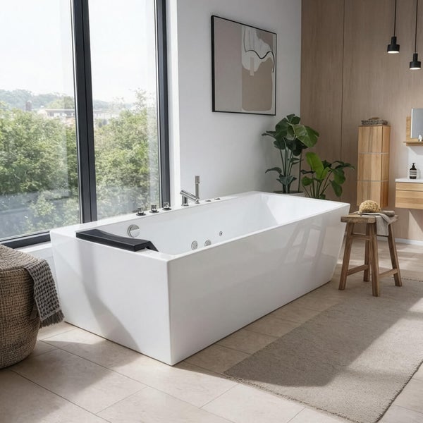 Moderne freistehende Whirlpool Badewanne in einem hellen Badezimmer mit grossem Fenster und Holzmoebeln.