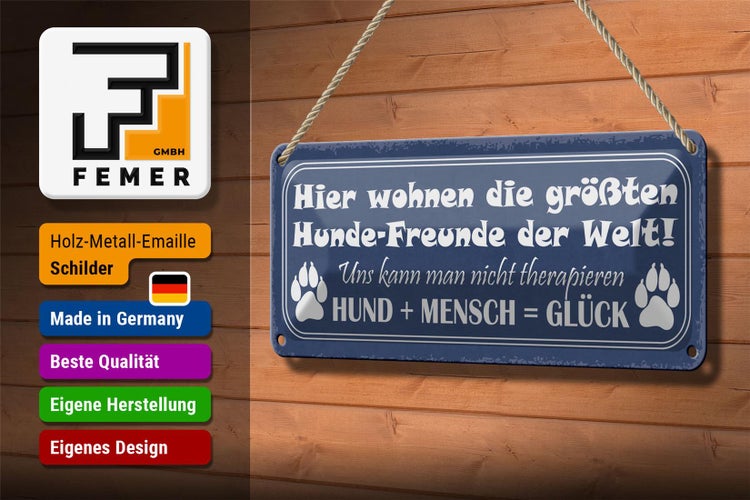 Blechschild Spruch 27x10cm Hund + Mensch = Glück Dekoration