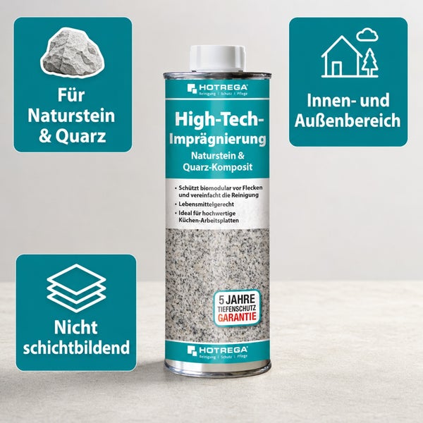 Hotrega High Tech Imprägnierung für Naturstein und Quarz für den Innen und Außenbereich zum Schutz von Oberflächen gegen Flecken.
