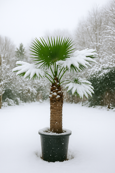 Hanfpalme im Topf im Wintergarten