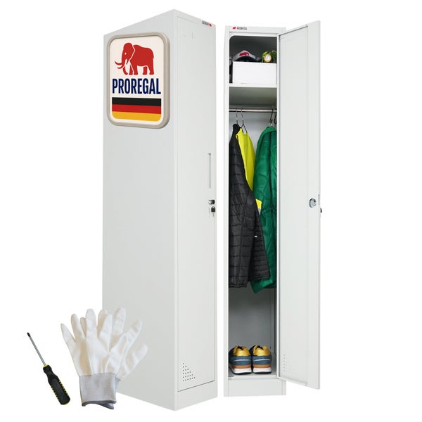 ProRegal Metall-Garderobenschrank mit Kleiderstange, offen und geschlossen, inklusive Werkzeug, Handschuhen, ProRegal Logo und Made in Germany Symbol.